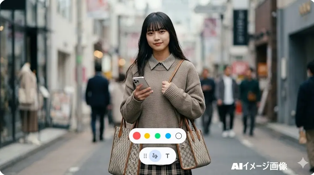 東京の街角でスマートフォンを手に微笑む、現役女子高生インフルエンサーの長浜広奈さんのイメージ