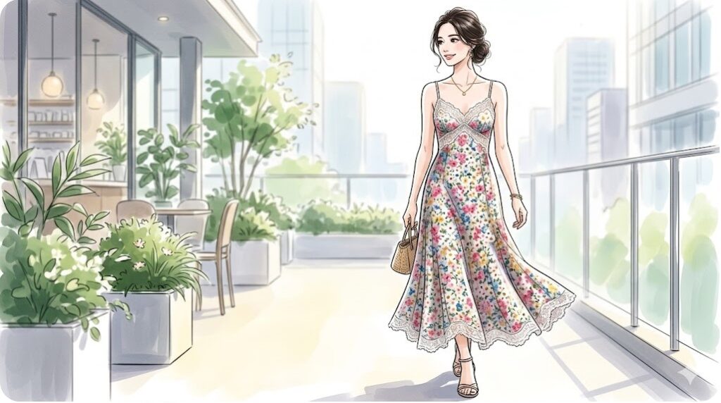 都会的なテラスでスナイデルの花柄ワンピースを着用して歩く日本人女性のファッションイラスト