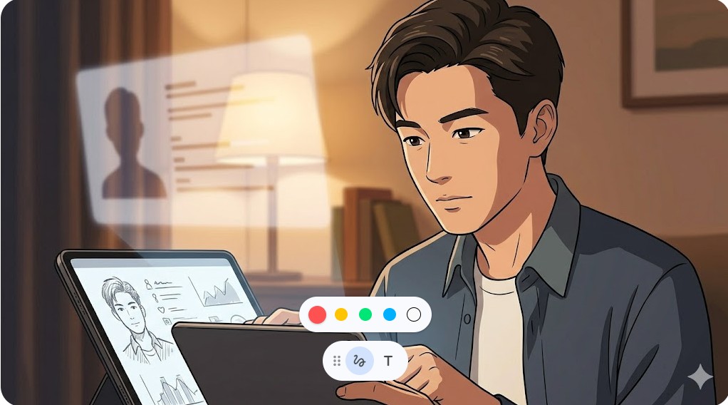 タブレットでプロフィールや情報をチェックする岡田将生さんと染谷将太さんをイメージしたイラスト