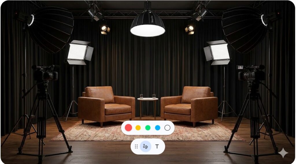 「令和の虎」を彷彿とさせる、高級感のある椅子と照明が設置されたYouTubeスタジオの風景