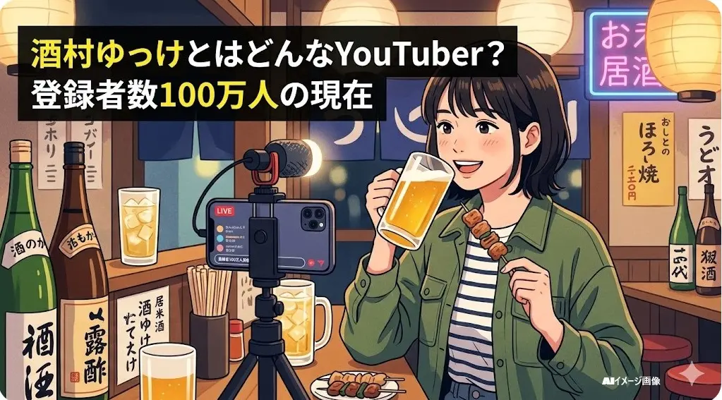 居酒屋で一人飲み動画を撮影する、登録者100万人突破の人気YouTuber酒村ゆっけのイラスト。