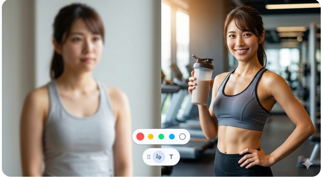 ダイエットに成功し、ジムでプロテインを持ち笑顔を見せる健康的な女性