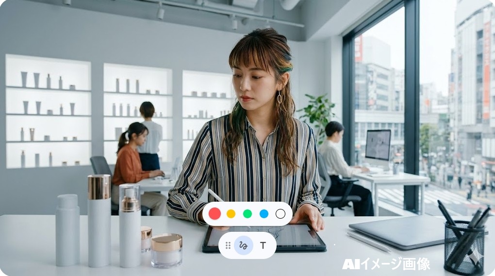 ペンタブレットでデザイン制作を行う原宿系マルチクリエイターの女性