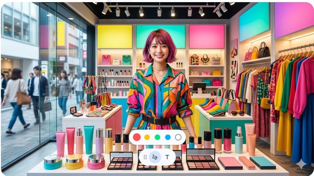 カラフルでポップな原宿の店内で自社ブランド商品をプロデュースする女性