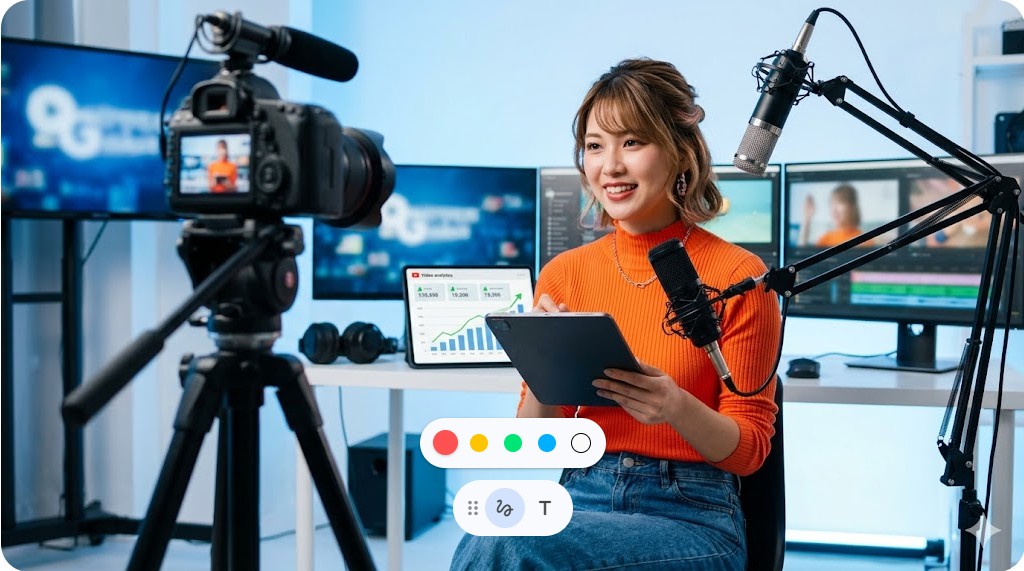 本格的な撮影機材に囲まれたスタジオでYouTube動画を収録する女性クリエイター