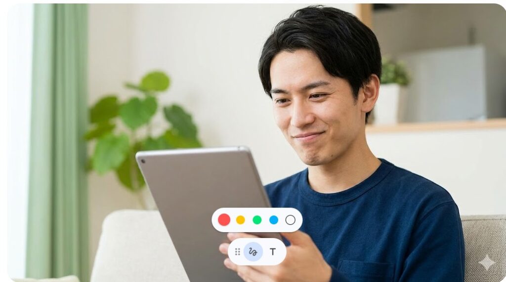 タブレットを見ながら「これはエイプリルフールでは？」と疑いの表情を浮かべる日本人男性