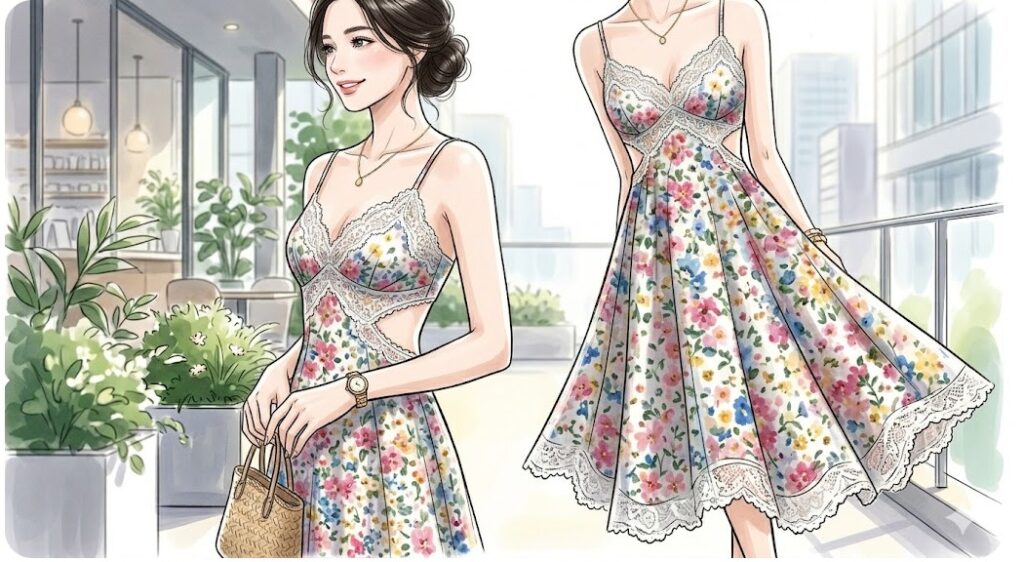 スナイデルのワンピースの特徴であるサイドのカットアウトデザインと繊細なレースの細部