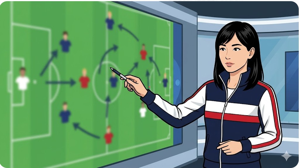 サッカーの戦術ボードを使って解説を行う日本人女性スポーツキャスター