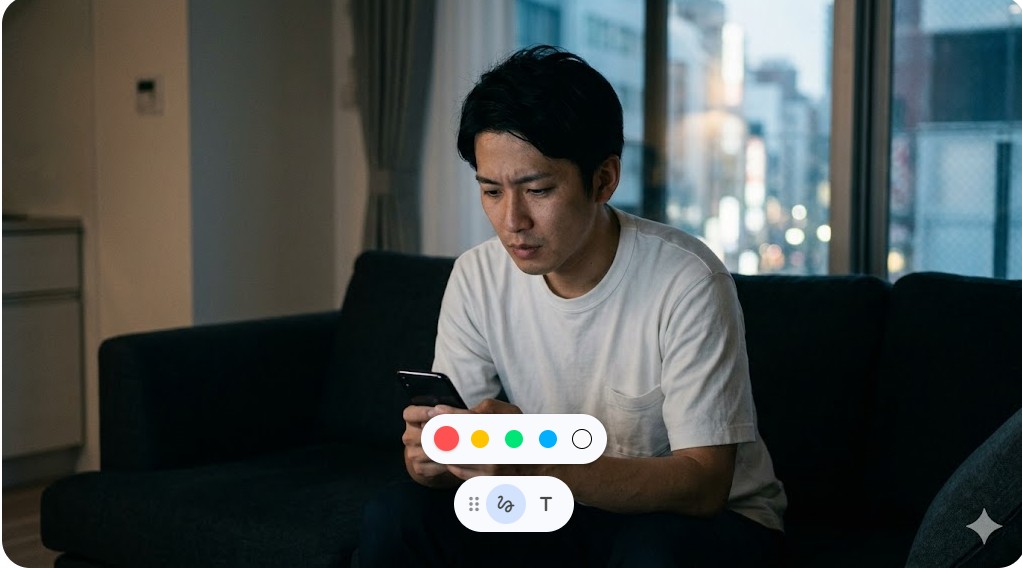 夜の室内でスマートフォンを見て深刻な表情を浮かべる日本人男性