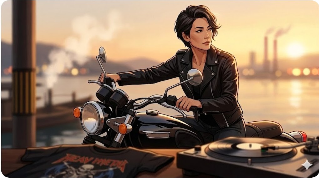 革ジャンを着てバイクに跨る高市早苗氏と、メタルTシャツ、レコードプレーヤーのイメージ