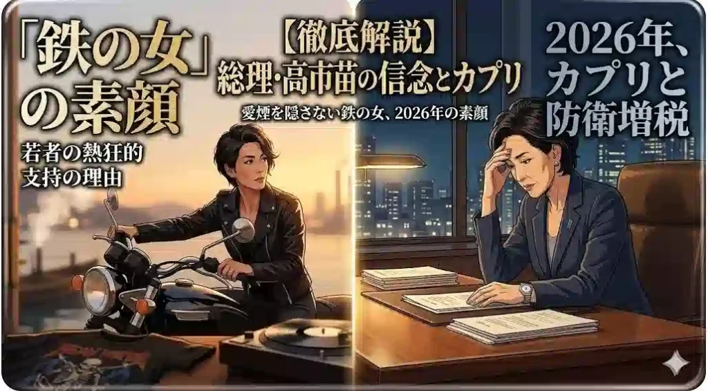 高市早苗氏をテーマにした、バイク、タバコ、メタル音楽、そして深夜の執務室の執務姿を組み合わせたアイキャッチ画像。日本語のタイトルと記事のポイントが書かれている。