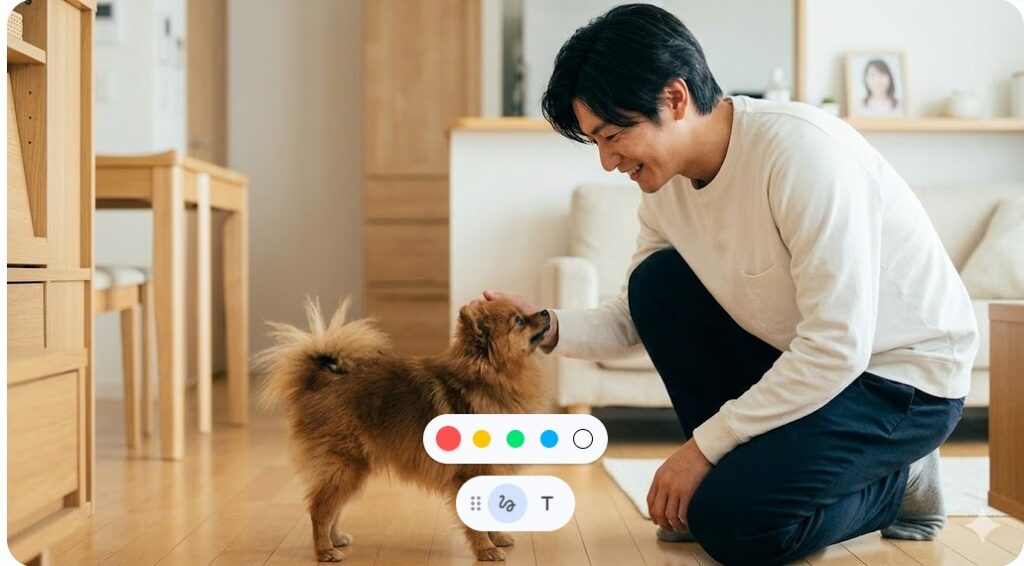 リビングで愛犬のポメラニアンと笑顔で触れ合う武田航平さんの姿