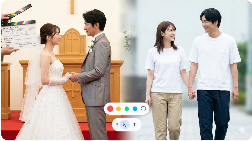 ドラマの結婚式のセットと、現実で仲良く散歩する武田航平さんと松山メアリさんの比較