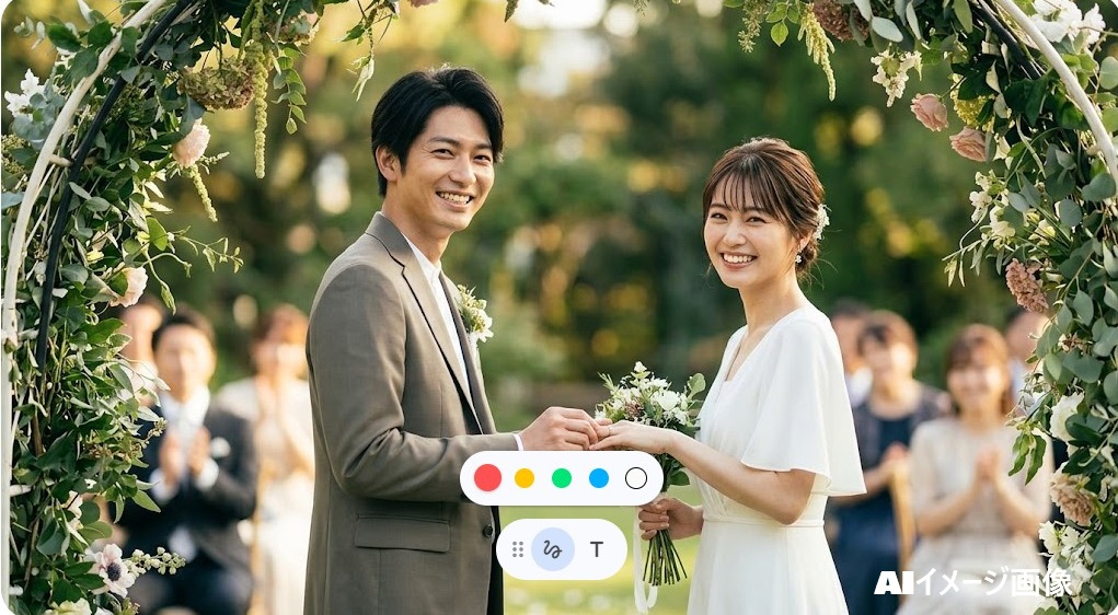 結婚式で指輪を交換し、幸せそうに微笑む武田航平さんと松山メアリさんのウェディングシーン