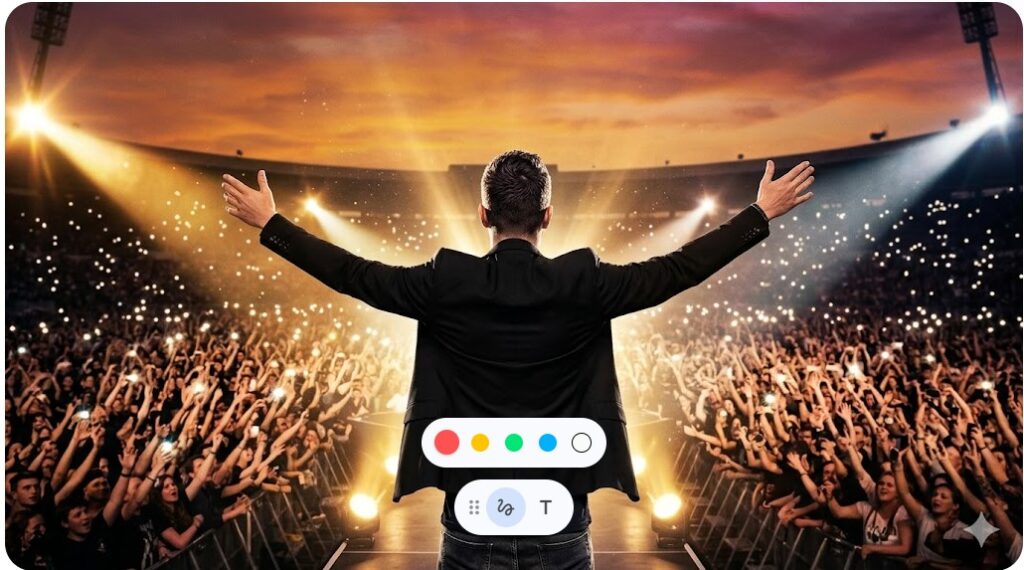 左側に映画カメラと撮影現場、右側にエレキギターとマイクが立つステージ。俳優とアーティストの二面性のイメージ。