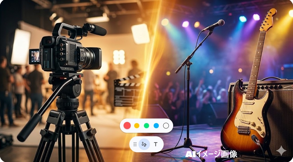 左側に映画カメラと撮影現場、右側にエレキギターとマイクが立つステージ。俳優とアーティストの二面性のイメージ。