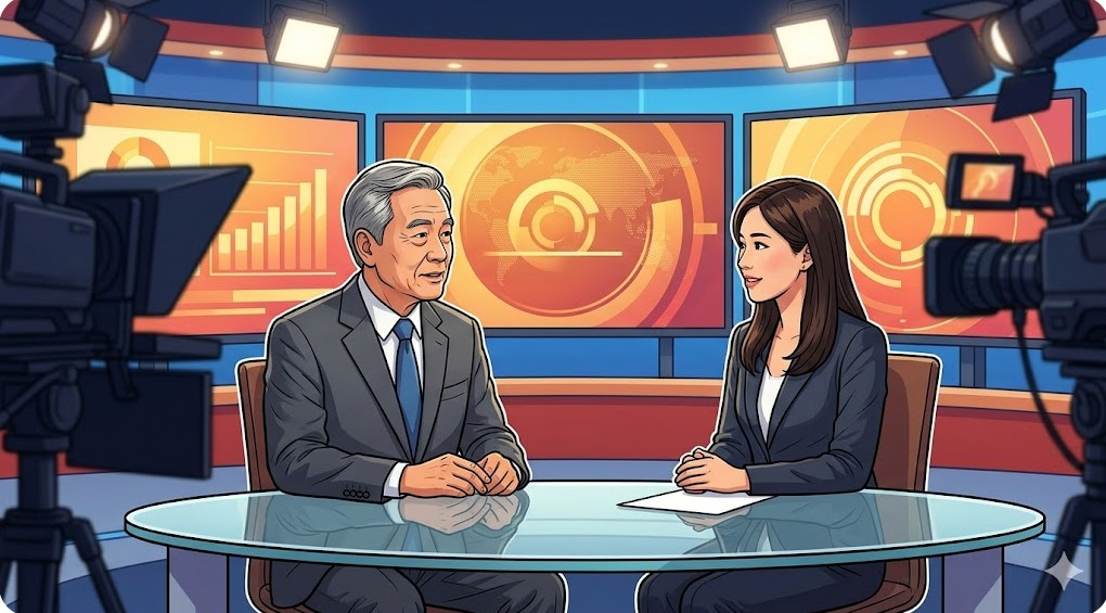 テレビ番組のスタジオで女性司会者と対談し政治解説を行う田崎史郎氏をイメージした男性。