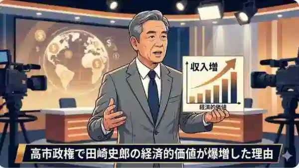 テレビスタジオで、経済的価値と収入増のグラフを指差して話す日本人男性ジャーナリストのイラスト。高市政権での経済的価値を表現。