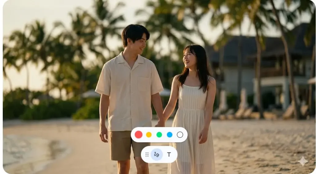 南国のビーチで仲睦まじく歩く、もんたさんと長浜広奈さんの「もんひな」カップルのイメージ