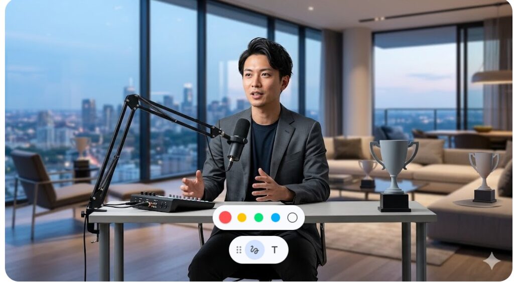 成功を収めたクリエイターが都会の夜景をバックに話すイメージ画像