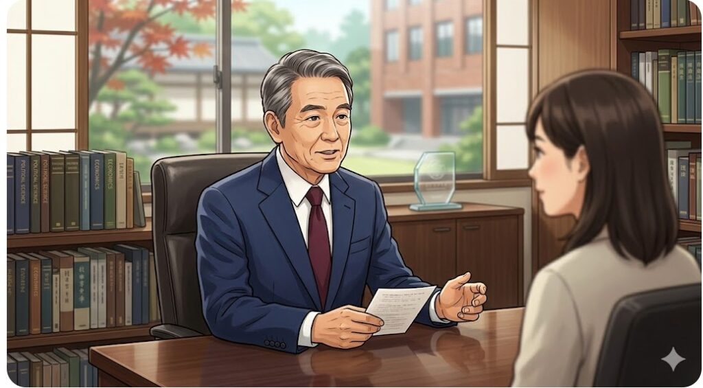 大学の応接室のような場所で、女性と資料を見ながらアドバイスを行う田崎史郎氏をイメージした男性。