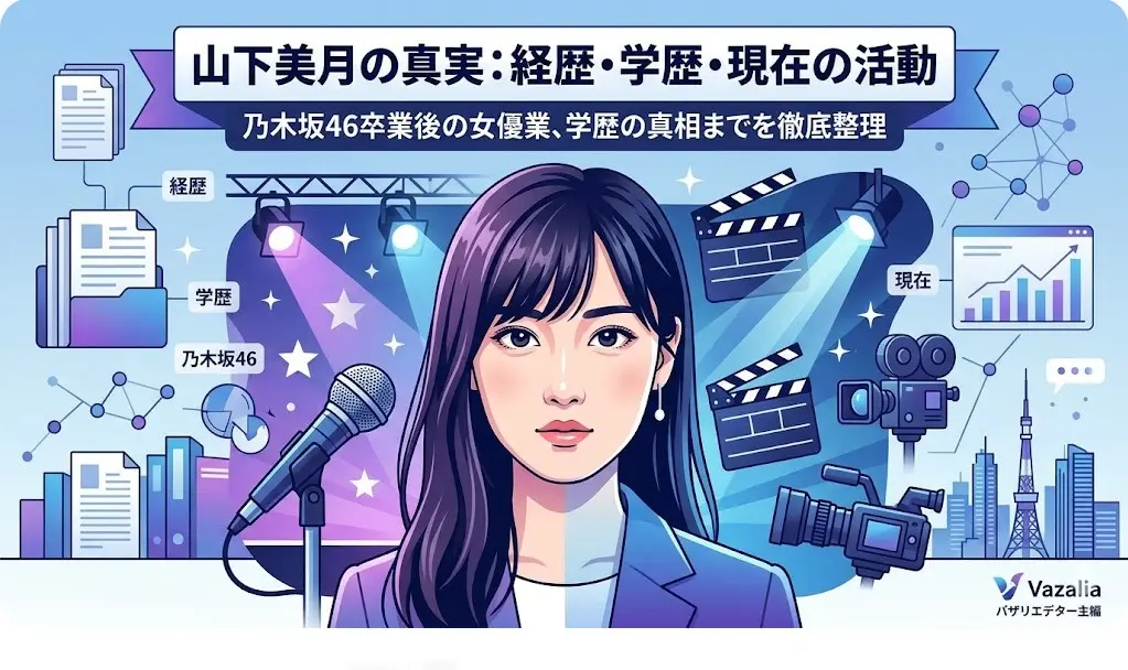 山下美月さんの乃木坂46加入から卒業、女優としての現在の活動、学歴情報をまとめたインフォグラフィックイラスト。