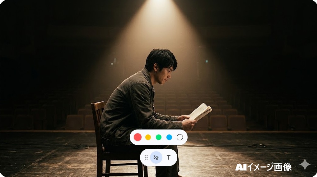 暗い舞台の椅子に座り、スポットライトの下で台本を読む男性。下積み時代の努力のイメージ。