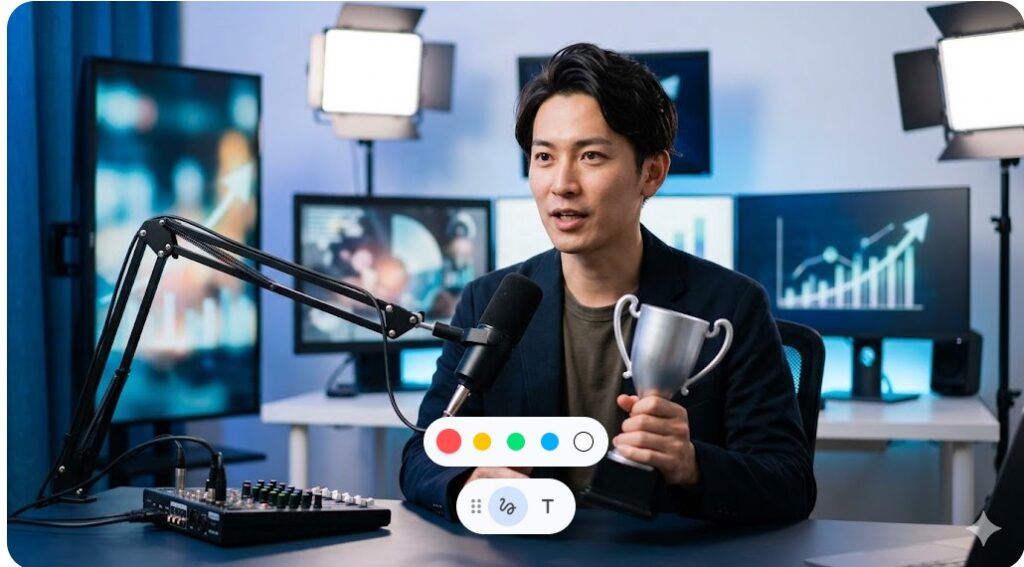 本格的な機材が揃ったスタジオで動画を収録する日本人男性のイメージ画像