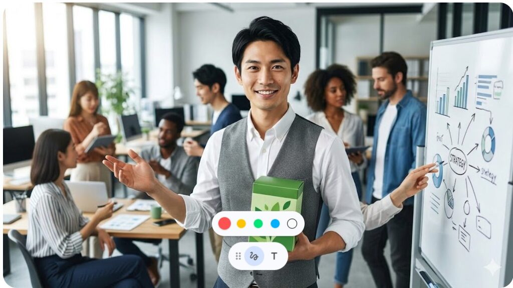 モダンなオフィスで、青汁の商品パッケージ（文字なし）を手にチームと戦略を練る、成功した若い日本人実業家