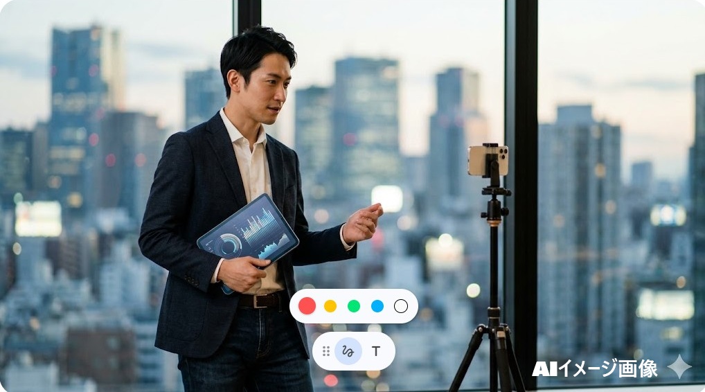 高層ビルの夕景を背景に、タブレットを手に三脚のスマートフォンでライブ配信を行う日本人実業家