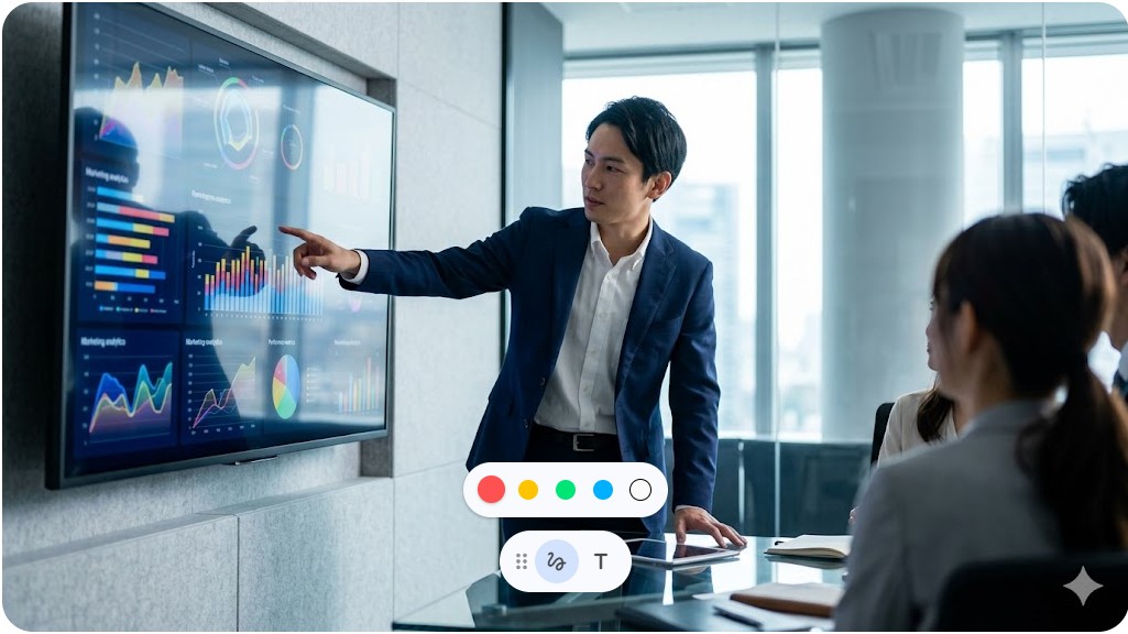モダンな会議室で大型モニターのデータ分析やグラフ（文字なし）を見ながら、デジタルマーケティング戦略を練る日本人実業家