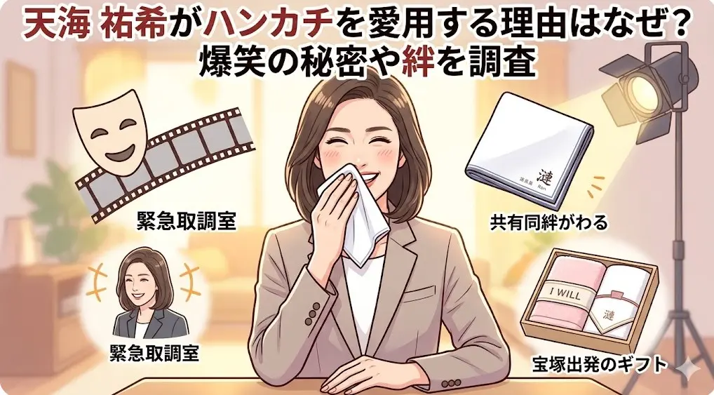 日本人女性のイラストが、ハンカチを口元に当てて上品に爆笑する様子。天海祐希がハンカチを愛用する理由を、爆笑の秘密やドラマ『緊急取調室』での絆、宝塚退団のギフトといった記事のメッセージとともに表現したアイキャッチ画像。
