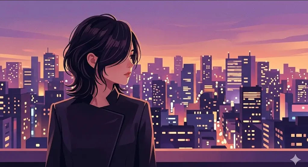 夜景をバックに物憂げな表情で佇む黒髪の日本人女性。ミステリアスな雰囲気を醸し出すビジュアル演出