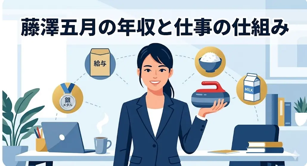 スーツ姿でカーリングストーンを持つ日本人女性と、銀メダルやお米のイラスト。藤澤五月の年収や勤務先、スポンサー支援の仕組みを解説するアイキャッチ画像。