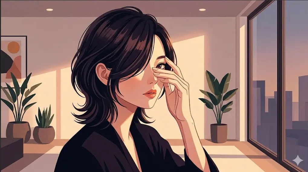 柔らかな光が差し込む室内で前髪から片目を覗かせる日本人女性。視覚的な引っかかりを作る髪型の工夫