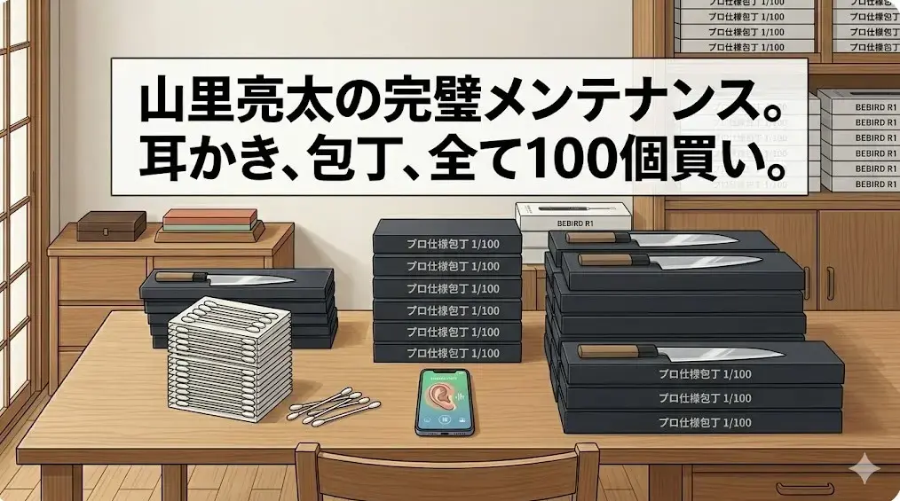 スマートフォンで耳の中を確認するイラスト。山里亮太さん愛用のカメラ付き耳かきや100本まとめ買いされた粘着式綿棒を、人なしで表現。