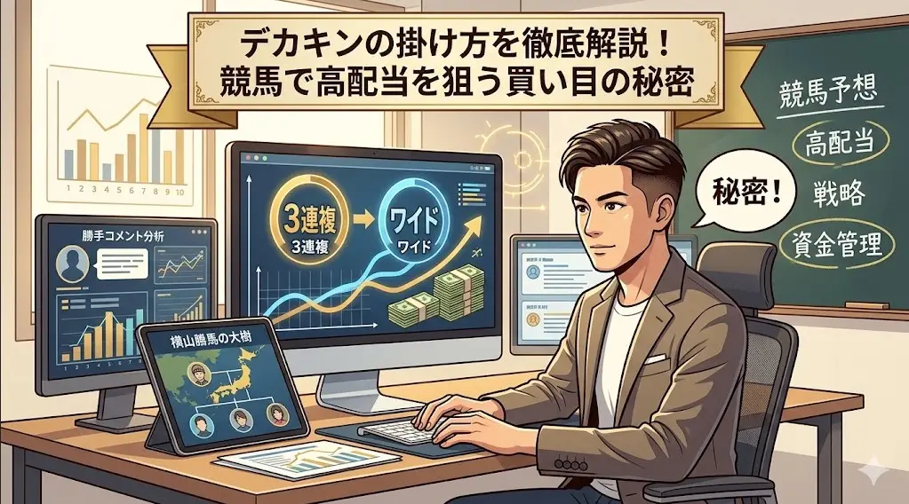 デスクでデータを見ながら競馬戦略を練る日本人男性のイラスト。3連複、ワイド、ロイヤルファミリー馬券、ジョッキーコメント分析などの要素が含まれる。デカキンの掛け方と買い目の秘密を表現。