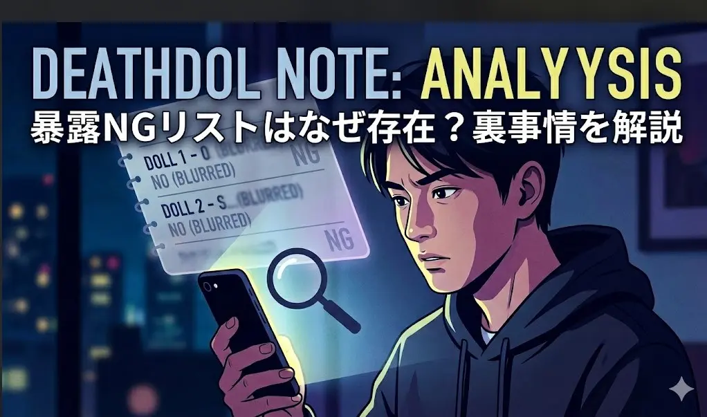 スマホで闇の暴露リストを確認する日本人男性のイラスト。デスドルノートのNGリストが存在する裏事情を表現。