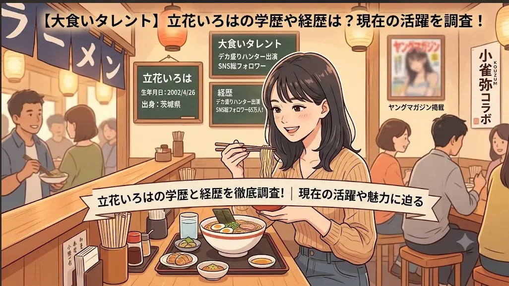 ラーメンを前に笑顔の日本人女性イラスト。大食いタレント立花いろはの学歴・経歴を表現。