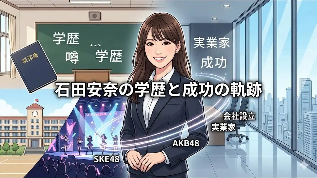 学校の校舎、書籍、そして都會の洗練されたオフィスへと続く背景に、前を向いて微笑む日本人女性実業家のイラスト。石田安奈の学歴と現在の成功の軌跡を表現。