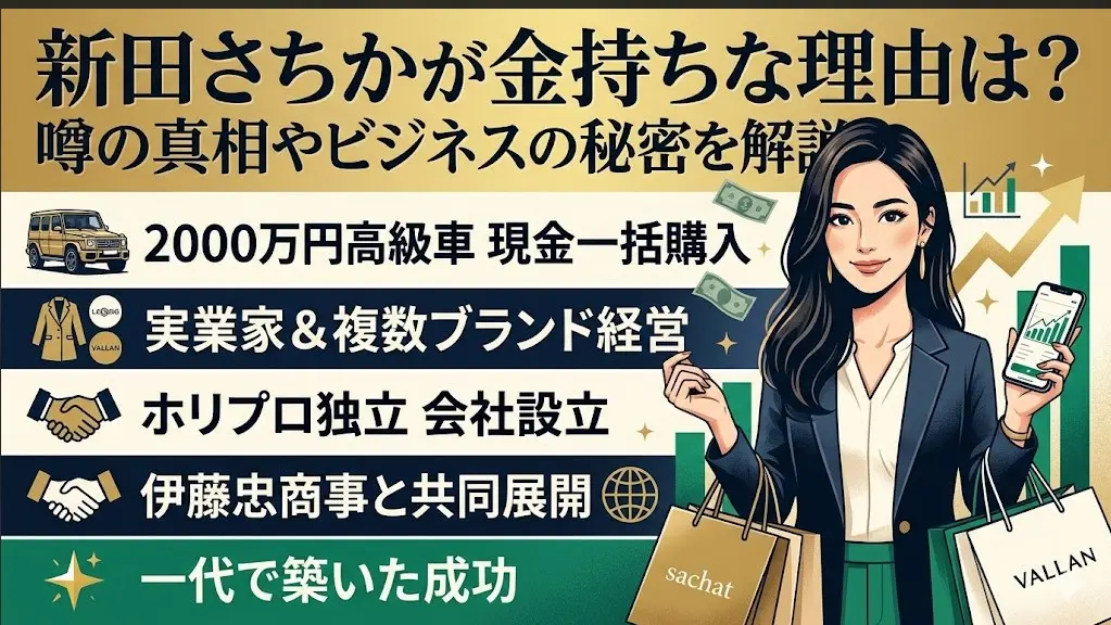 新田さちかが金持ちな理由をアパレル経営などの実業で解説するイラスト。
