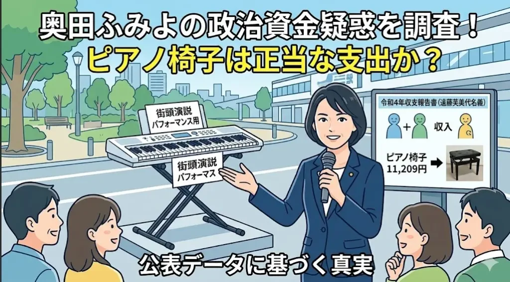 日本人女性議員が収支報告書を手に、政治資金でのピアノ椅子の購入と使用用途を説明する。SEOキーワードを含む。