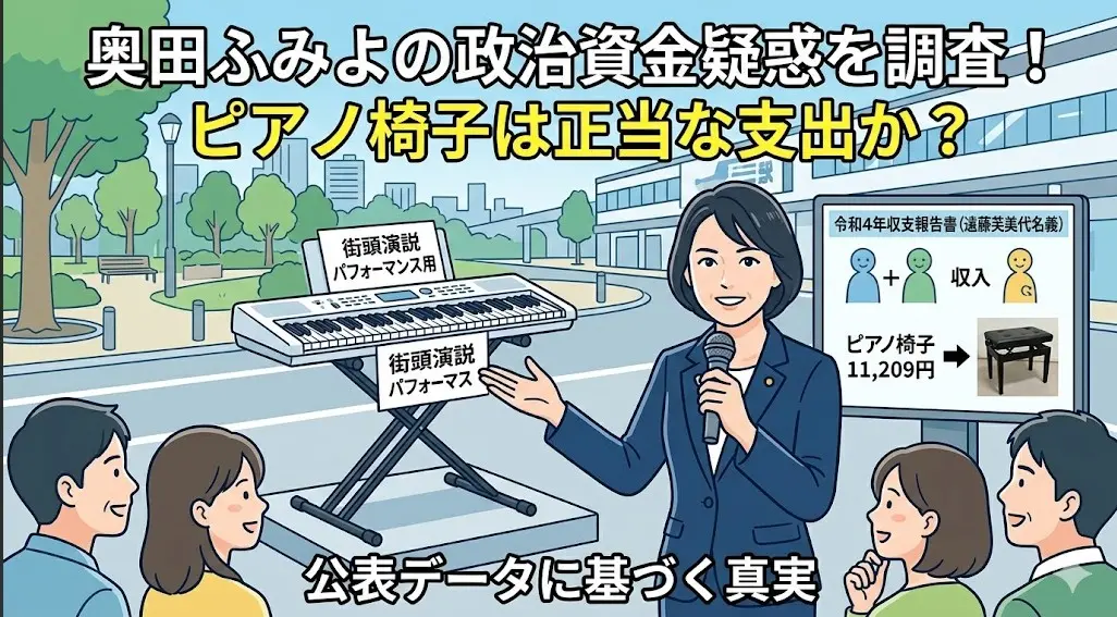 日本人女性議員が収支報告書を手に、政治資金でのピアノ椅子の購入と使用用途を説明する。SEOキーワードを含む。