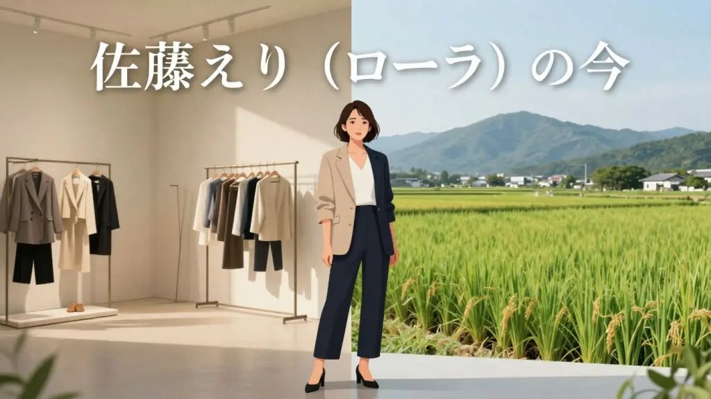 ファッションスタジオと新潟の田園風景を背景に立つ日本人女性、佐藤えり（ローラ）さんのイラスト