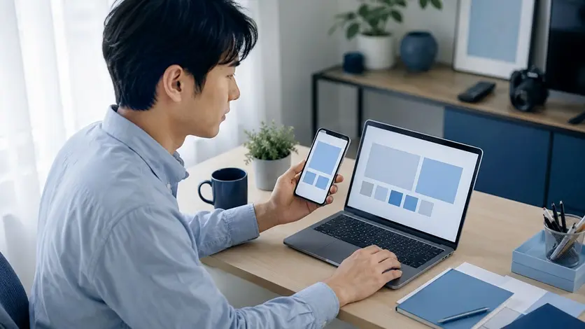 スマートフォンとパソコンで松村北斗の最新出演情報を確認する日本人男性