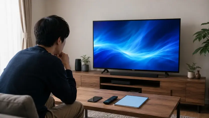 リビングでテレビを見ながら松村北斗の出演予定を確認する日本人男性