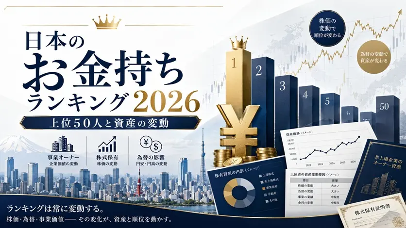 日本のお金持ちランキング2026と上位50人の資産変動を示す金融イメージ