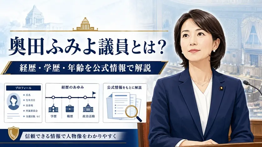 国会議事堂を背景にした日本人女性議員のイラスト。奥田ふみよ議員の経歴・学歴・年齢を解説。