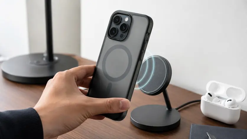 ワイヤレス充電器にスマホケースを装着した端末を近づける様子