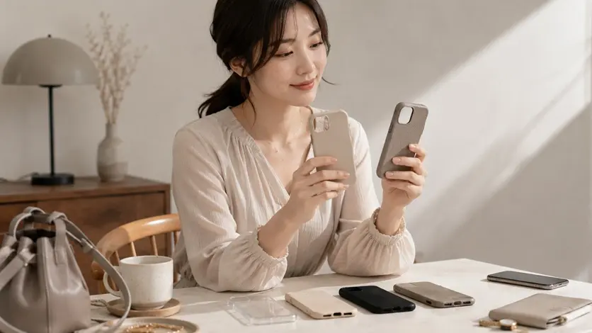 ベージュとグレージュ系のスマホケースを手に取り比較する日本人女性